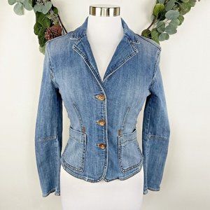 Y2K Esprit Jean Jacket Blazer Sz S Distressed Denim Elbow Patch Selvedge Vintage